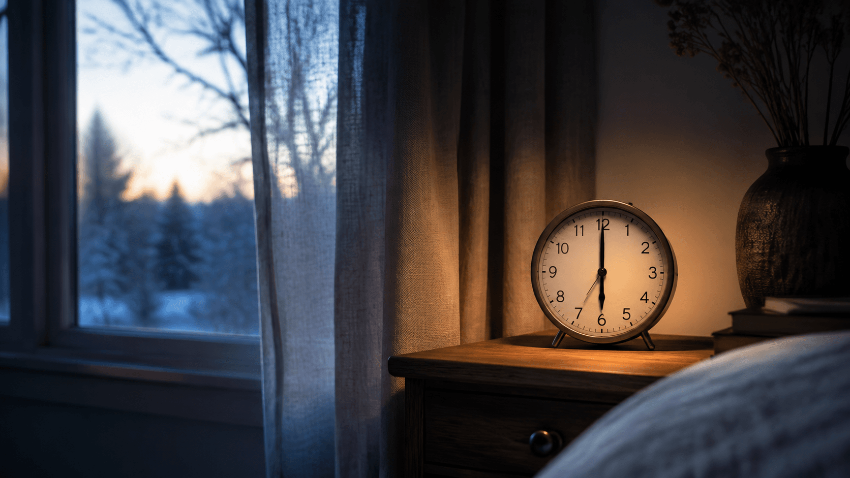 Editorial illustration: an analog clock beside a window at dawn.